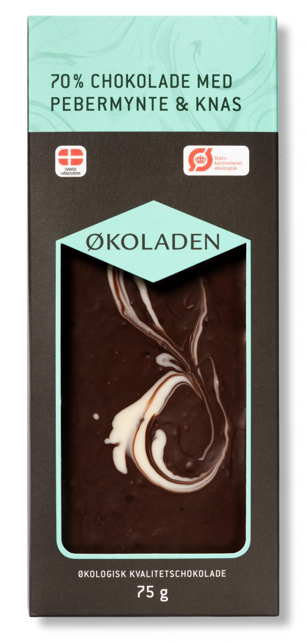 Økologisk mørk chokolade m. pebermynte og knas - Økoladen